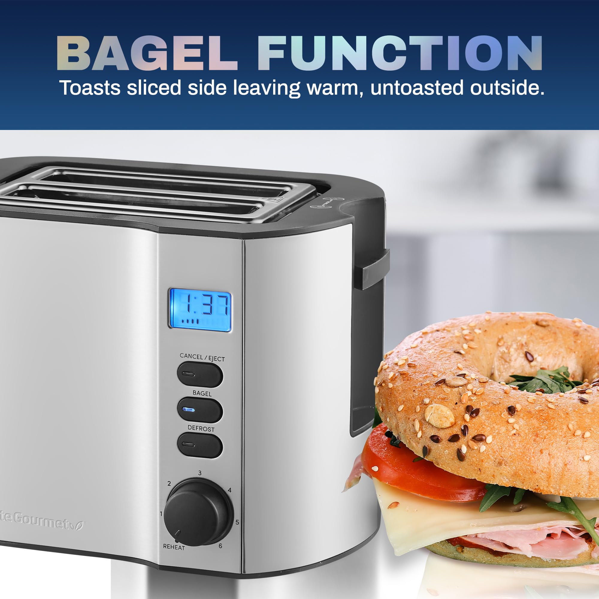 Elite Gourmet ECT1027B - Tostadora Cool Touch con 6 ajustes de temperatura y ranuras extra anchas de 1.25 pulgadas para bagels, gofres, panes especiales, hojaldre, aperitivos, certificado ETL, 2 | 6 niveles de dorado, se adapta a bagels y pan grueso, func