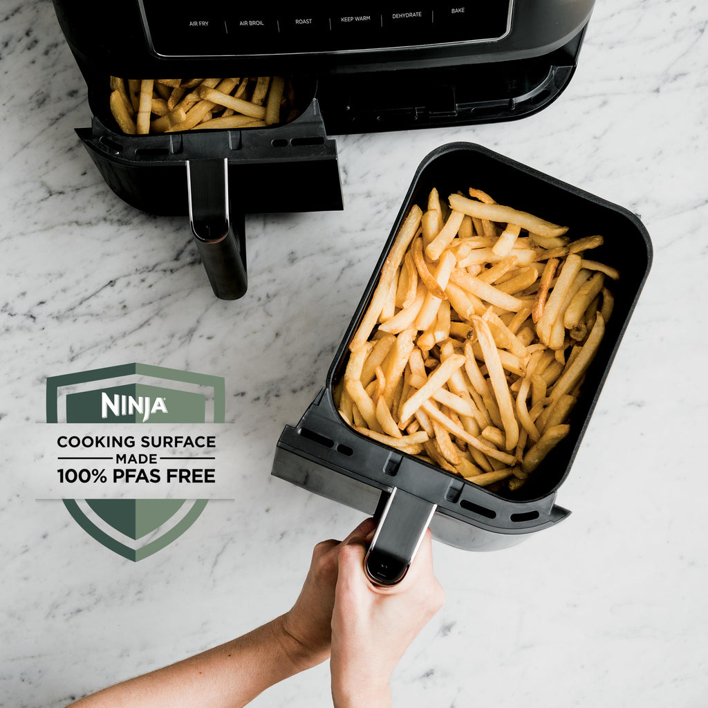 Ninja DZ201 Foodi 8 Quart 6-in-1 DualZone 2-Basket Air Fryer with 2 Independent Frying Baskets, Match Cook & Smart Finish to Roast, Broil, Dehydrate & More for Quick, Easy Meals, Grey | Air fry, roast, broil, bake, reheat, dehydrate, 2 independent baskets