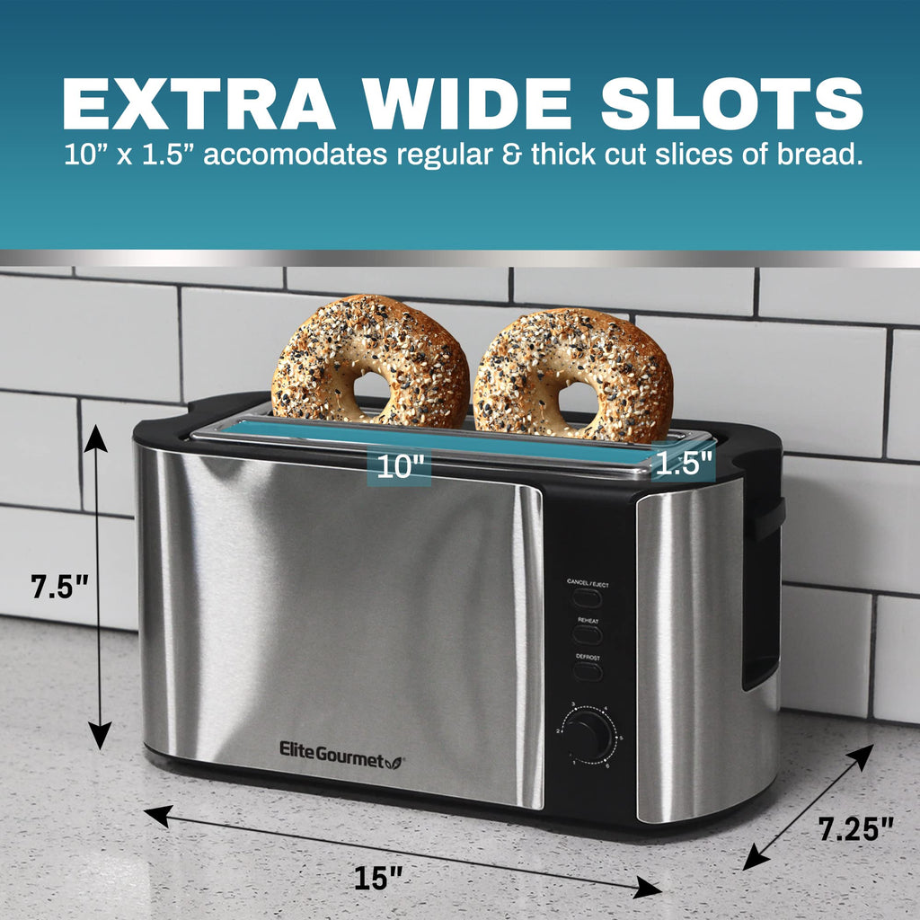 Elite Gourmet ECT1027B - Tostadora Cool Touch con 6 ajustes de temperatura y ranuras extra anchas de 1.25 pulgadas para bagels, gofres, panes especiales, hojaldre, aperitivos, certificado ETL, 2 | 6 niveles de dorado, se adapta a bagels y pan grueso, func