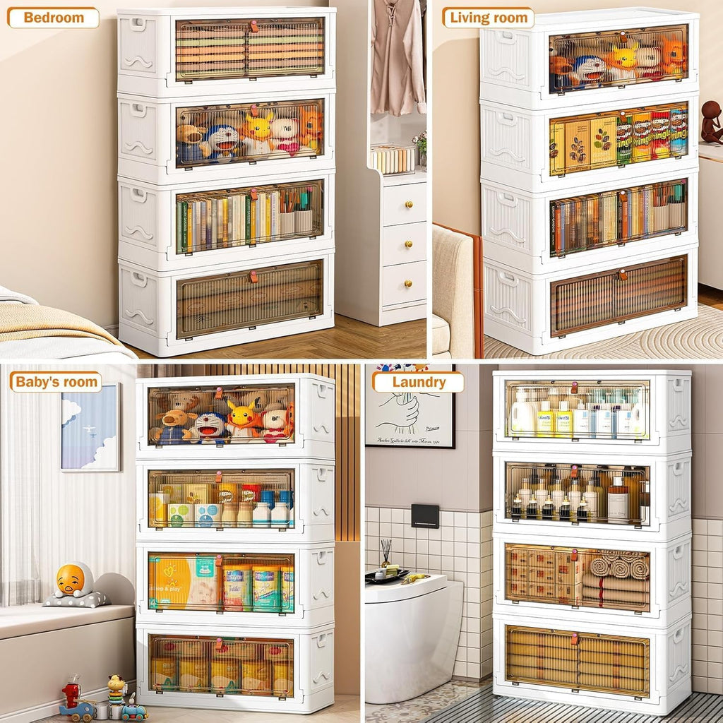 YFXCVSL Cajas de Almacenamiento de Plástico de 4 Niveles con Tapa 23QT, Contenedores de Almacenamiento Apilables con Ruedas, Cajas de Almacenamiento Plegables, Cajas de Almacenamiento Colapsables | Plastic Storage Bins with Wheels, Folding Storage Boxes,