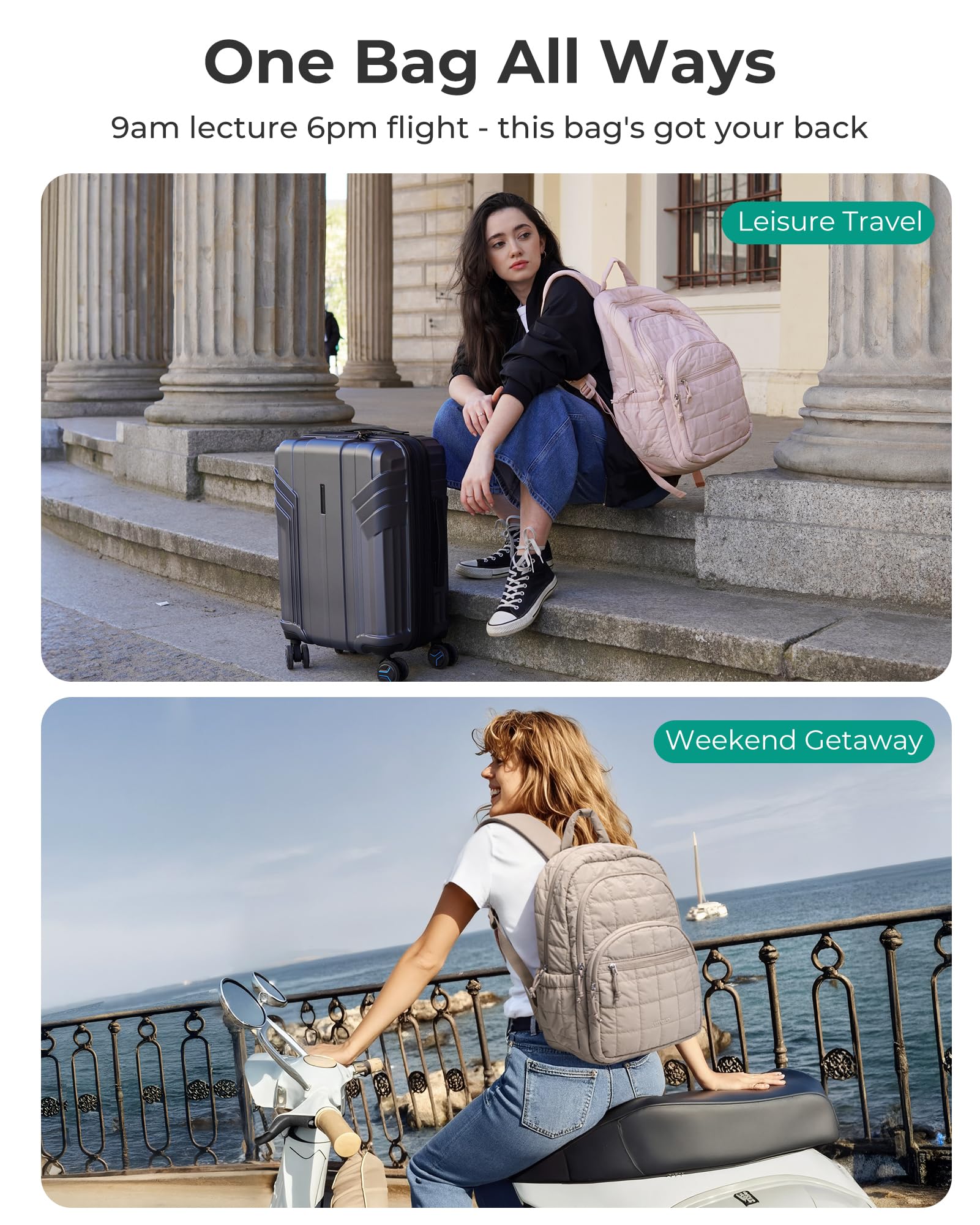 BAGSMART - Mochila de viaje para mujer, mochila universitaria para laptop de 15.6 pulgadas, color negro | Fits 15.6" Laptop, Personal Carry-on Size with Trolley Sleeve, Quilted Style for College Nurse Teacher, Water-Resistant