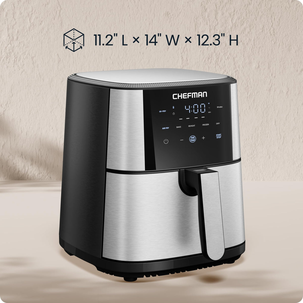 Chefman Air Fryer 8 Qt | TurboFry® 4-in-1 with 450°F Hi-Fry Option for Crispier Results | Bake, Dehydrate, Frozen | XL Nonstick Dishwasher-Safe Basket | Stainless Steel