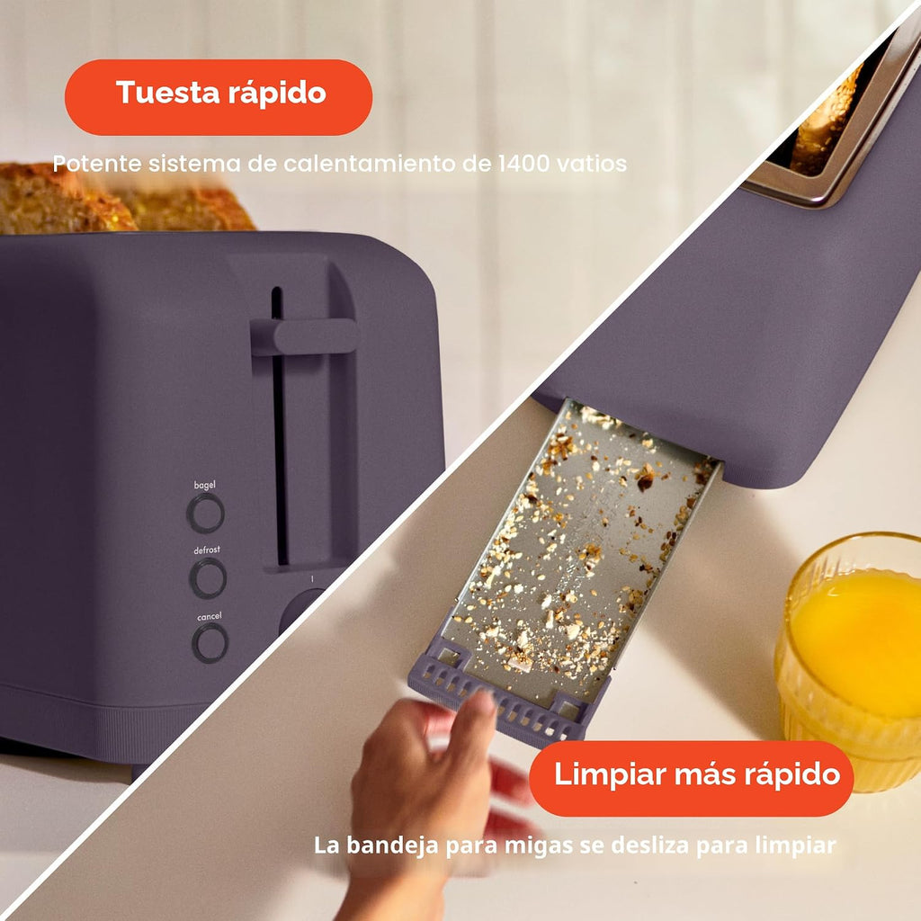 bella Tostadora delgada de 2 rebanadas, utensilios de cocina Fits-anywhere™, control de tostado de 6 ajustes con botones de recalentamiento y cancelación, se adapta a pan de masa madre, ranura de 10