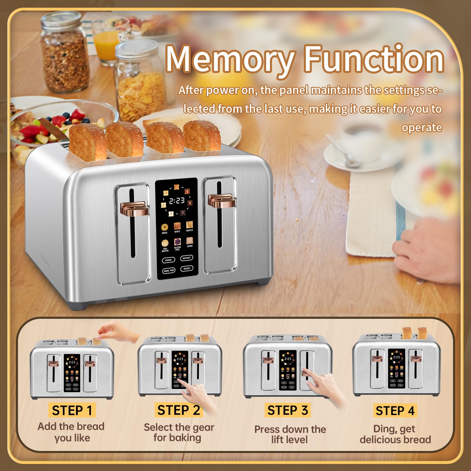 SEEDEEM Tostadora de 4 Rebanadas, Tostadora de Acero Inoxidable y Control Táctil, Pantalla LCD, 6 Tipos de Pan, 7 Configuraciones de Tostado, Ranuras de 1.5'' de Ancho, Cancelar/Descongelar/Recalentar | Toaster 4 Slice, 6 Bread Type, 7 Shade Settings, 1.5