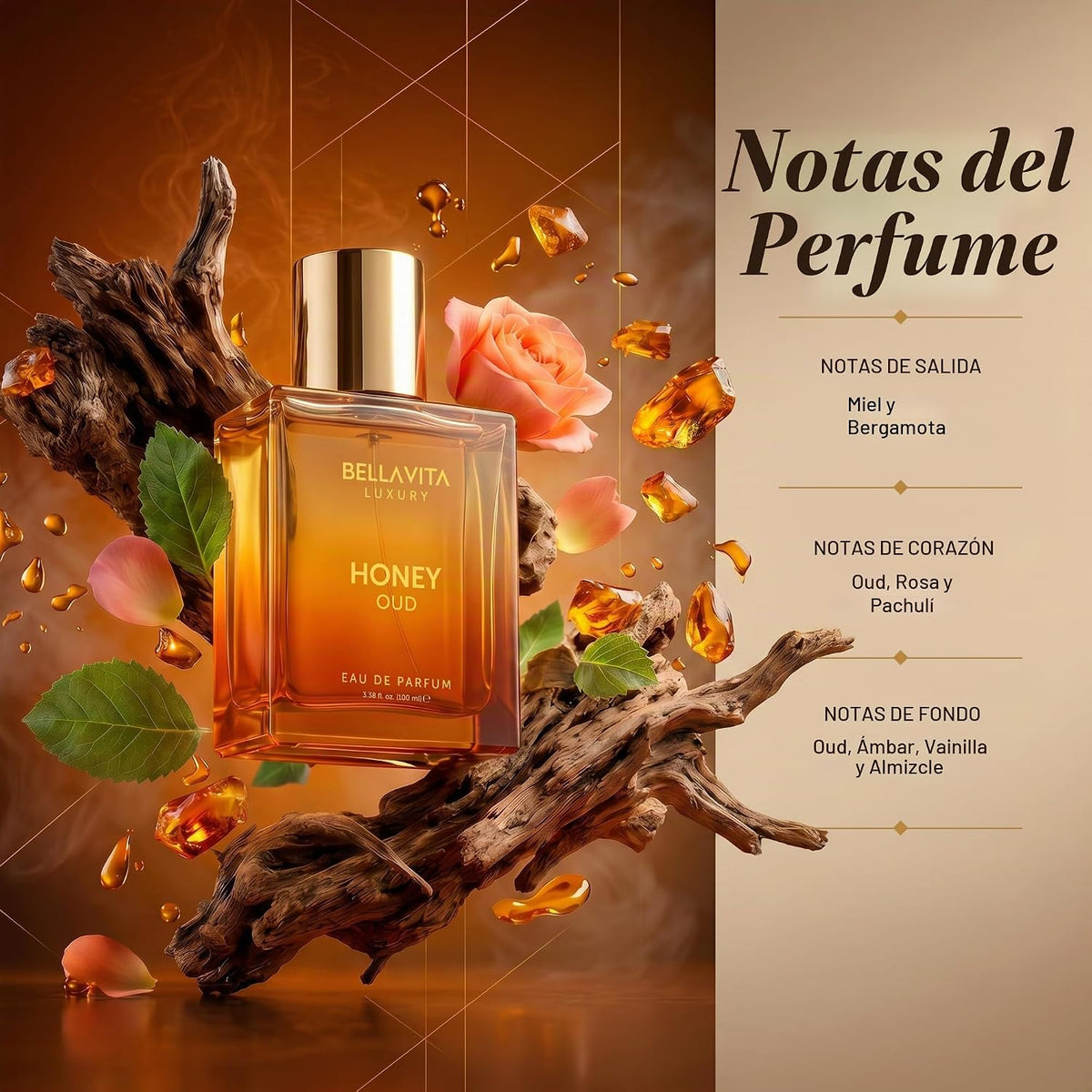 BellaVita Luxury Honey Oud Eau de Parfum (3.4 onzas líquidas) | Pachulí, vainilla, bergamota, floral y picante + fabricado con aceites esenciales limpios y veganos + libre de crueldad animal | | Perfume unisex con perfume Honey Oud de larga duración, perf