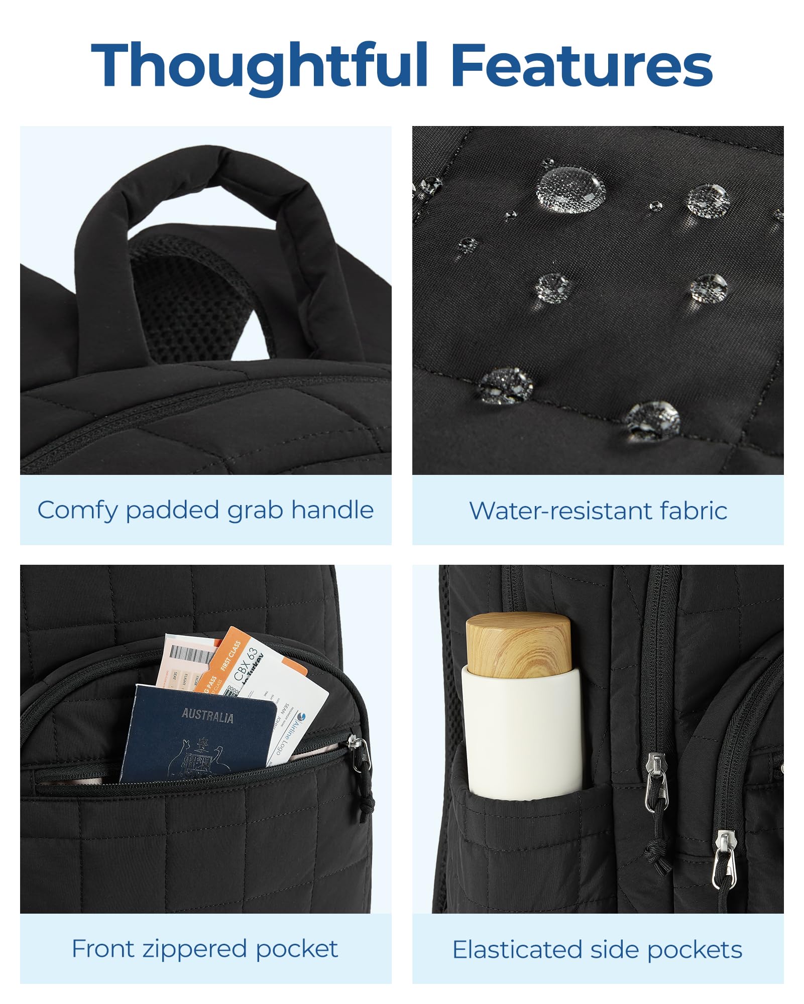 BAGSMART - Mochila de viaje para mujer, mochila universitaria para laptop de 15.6 pulgadas, color negro | Fits 15.6" Laptop, Personal Carry-on Size with Trolley Sleeve, Quilted Style for College Nurse Teacher, Water-Resistant