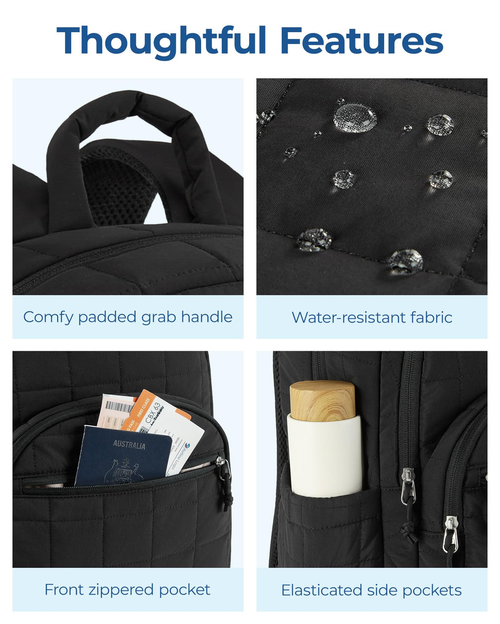 BAGSMART - Mochila de viaje para mujer, mochila universitaria para laptop de 15.6 pulgadas, color negro | Fits 15.6" Laptop, Personal Carry-on Size with Trolley Sleeve, Quilted Style for College Nurse Teacher, Water-Resistant