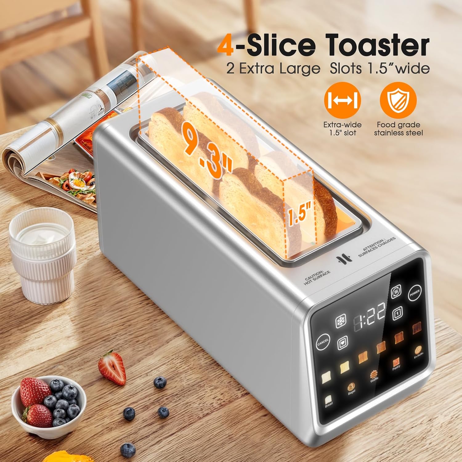 Long Slot Toaster 4 Slice with Touchscreen, 2-Slot Extra Wide 1.5 Inch | Stainless Steel, 1400W, 2-Slot Smart Appliance, Single Mode, BreadID Tech, Digital Timer, For Bagel Waffle