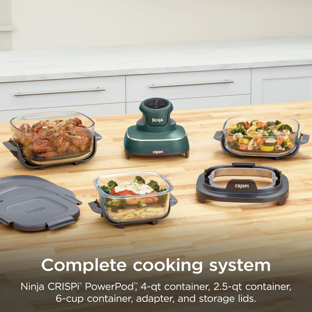 Ninja Crispi Glass Air Fryer, 4-in-1, Stone, FN101ST | Max crisp, bake, air fry, recrisp, 450F max, 4 Qt and 6 Cup containers, PFAS-free glass