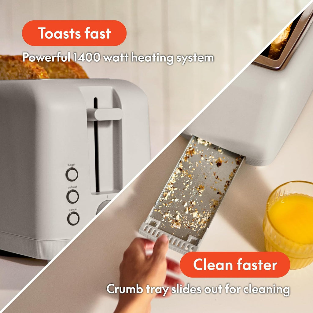 bella Tostadora delgada de 2 rebanadas, utensilios de cocina Fits-anywhere™, control de tostado de 6 ajustes con botones de recalentamiento y cancelación, se adapta a pan de masa madre, ranura de 10