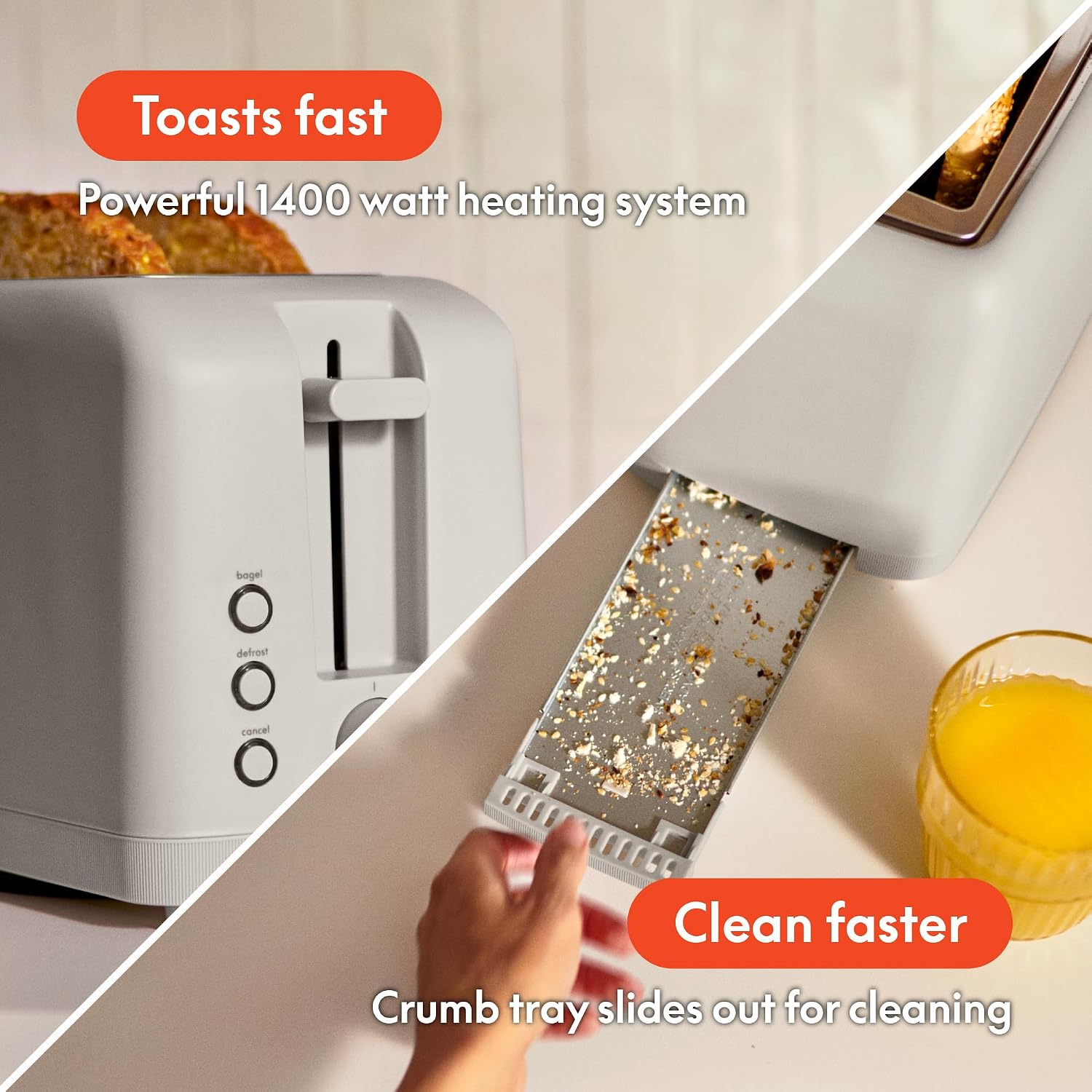 bella Tostadora delgada de 2 rebanadas, utensilios de cocina Fits-anywhere™, control de tostado de 6 ajustes con botones de recalentamiento y cancelación, se adapta a pan de masa madre, ranura de 10