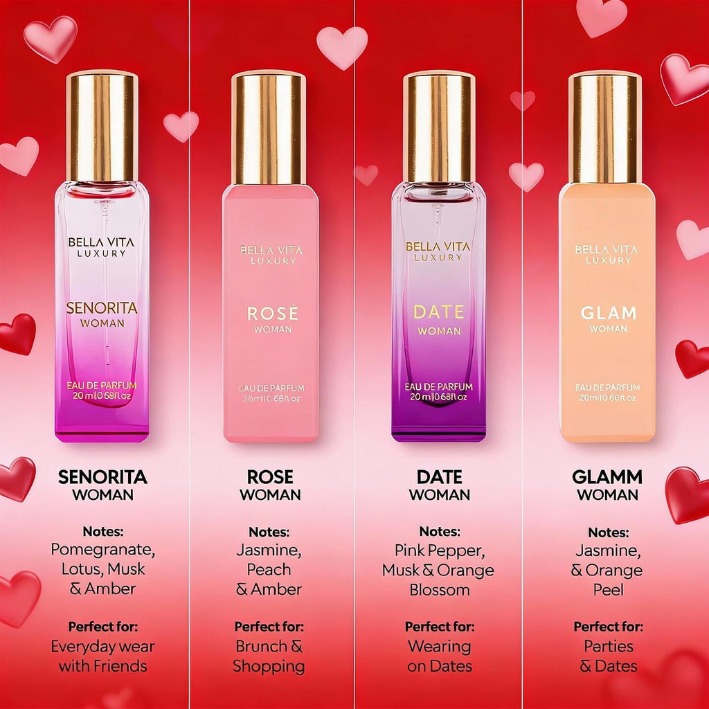 Bellavita - Set de regalo de perfume de lujo para mujer con rosa, Senorita, fecha, glamour | Set de regalo de perfume para mujer de larga duración con Eau de Parfum Rose, Senorita, Date & Glam para cada ocasión.