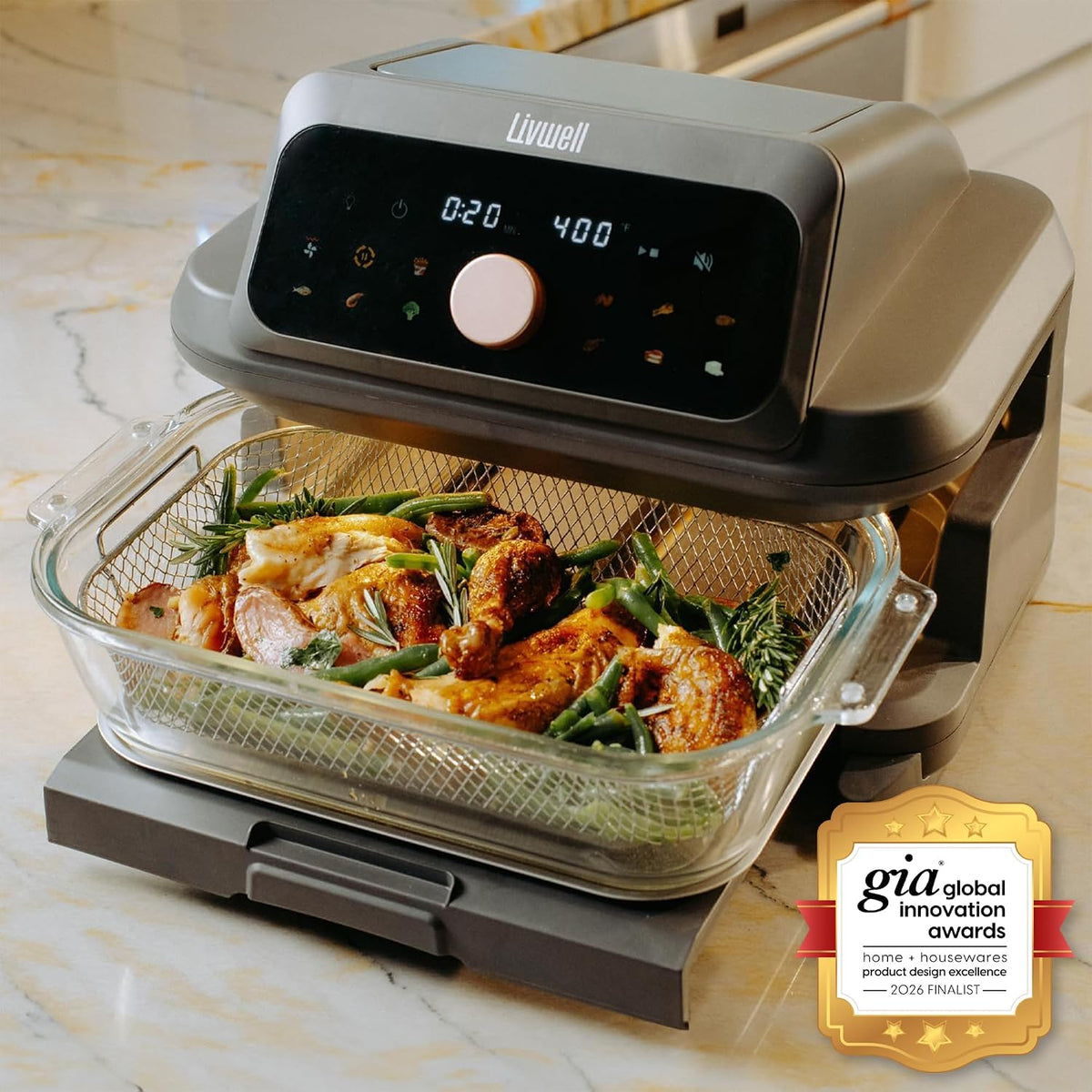 LIVWELL Smart Touch 6-Quart Glass Air Fryer with LED Touch Screen & Drawer | Pull-Out Drawer, 12 Presets, Dishwasher-Safe Casserole, Silicone Handles & Trivet Included, Easy Cleaning, PFOA & PFAS-Free