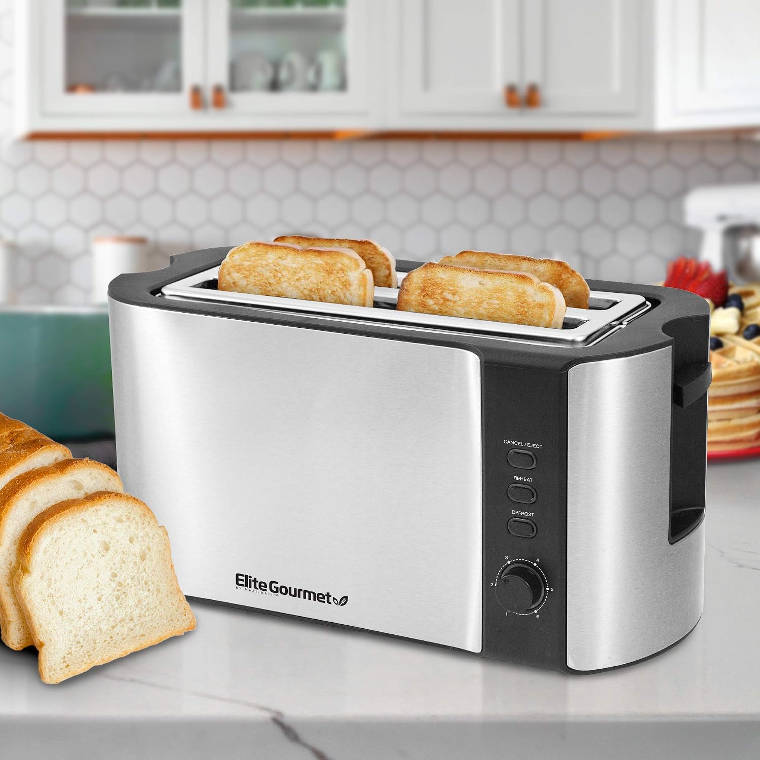 Elite Gourmet | Extra-Wide Slots Fit Bagels, Sourdough & Texas Toast, 6 Browning Settings, Reheat, Defrost & Cancel, Built-In Warming Rack