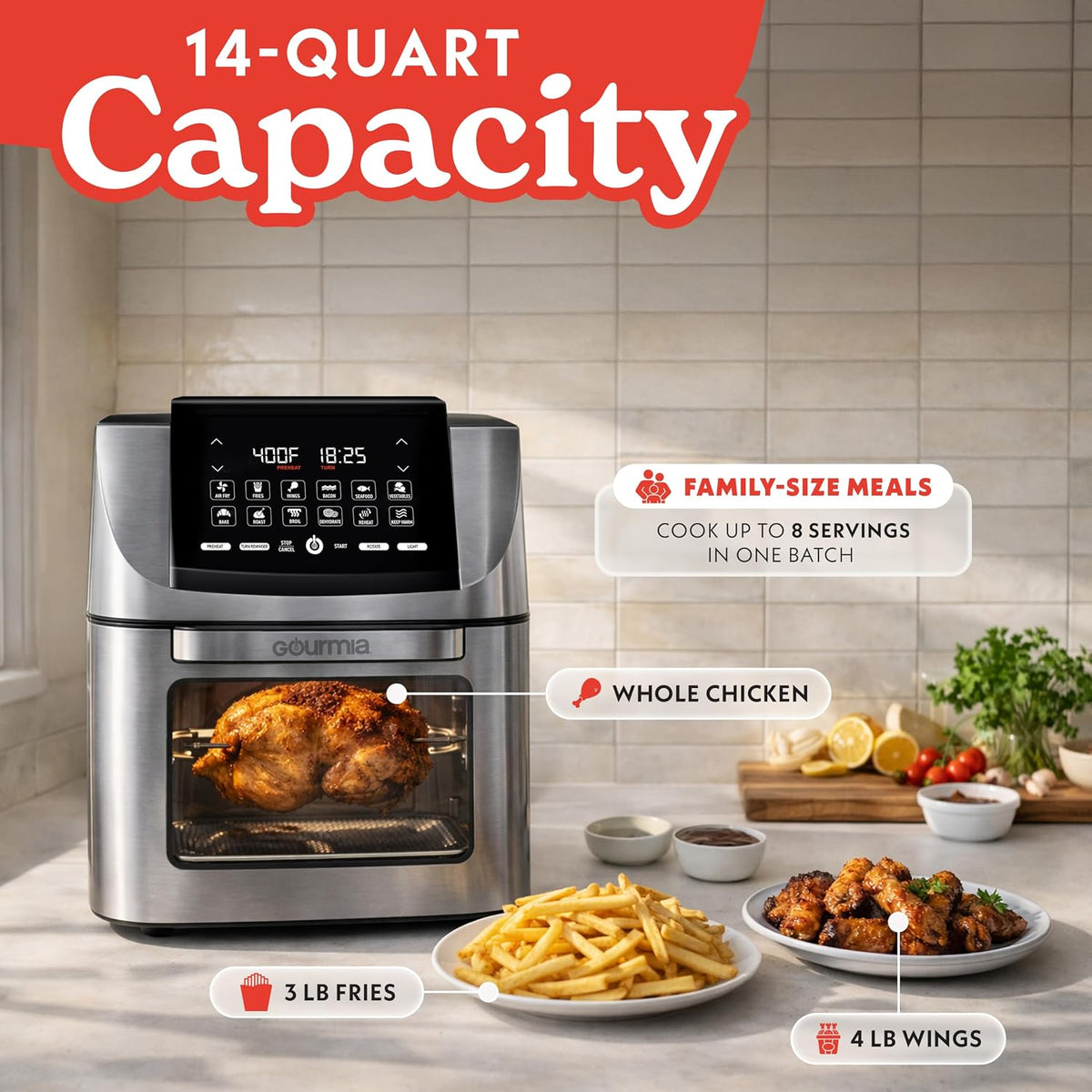 Gourmia Air Fryer - 14 Qt All-in-One Rotisserie Oven with Digital Display, 12 Presets, Roast, Bake, Broil, Dehydrate, Dishwasher Safe Accessories, Stainless Steel