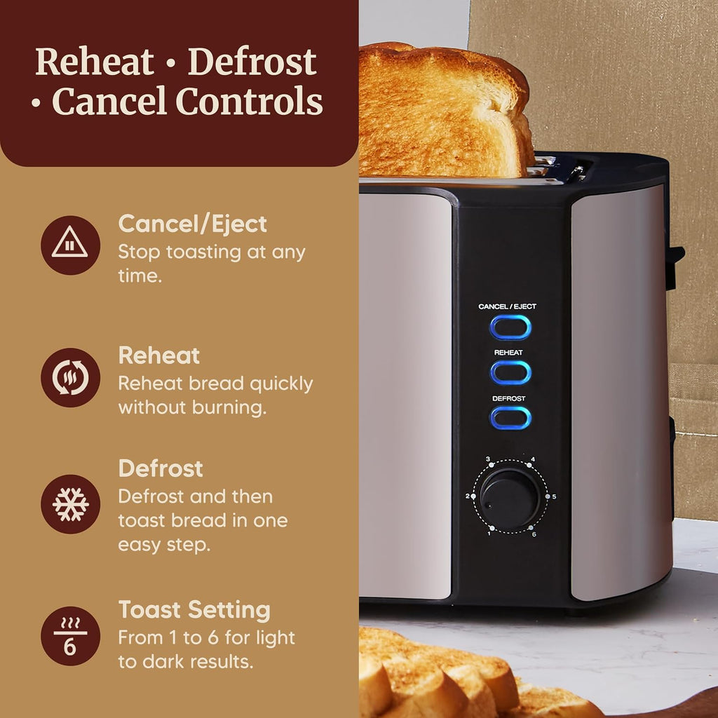 Elite Gourmet | Extra-Wide Slots Fit Bagels, Sourdough & Texas Toast, 6 Browning Settings, Reheat, Defrost & Cancel, Built-In Warming Rack