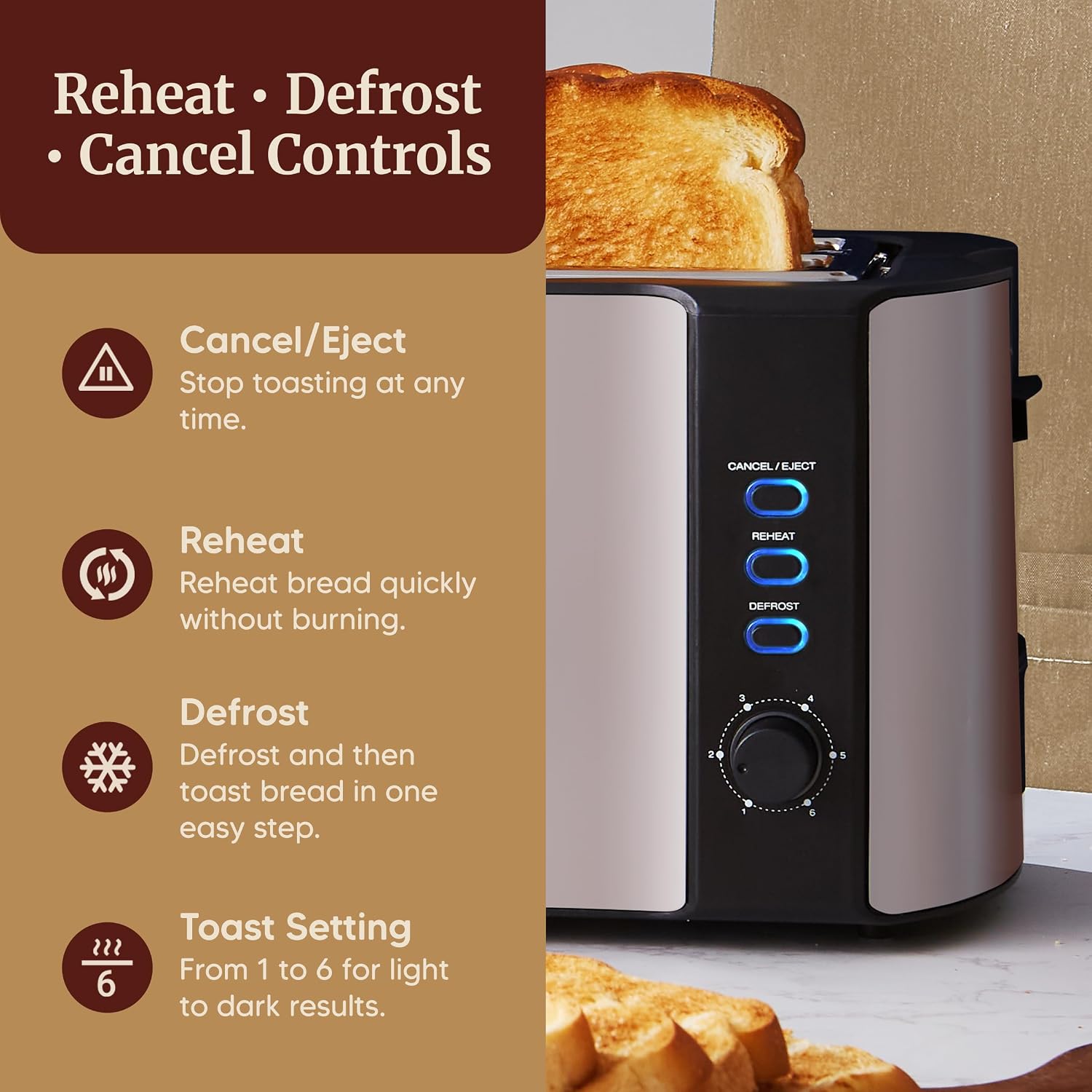 Elite Gourmet | Extra-Wide Slots Fit Bagels, Sourdough & Texas Toast, 6 Browning Settings, Reheat, Defrost & Cancel, Built-In Warming Rack