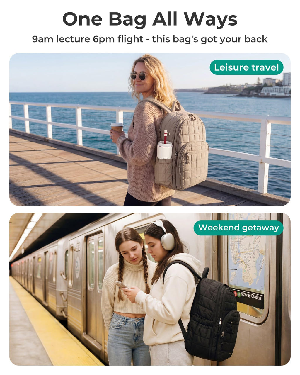 BAGSMART - Mochila de viaje para mujer, mochila universitaria para laptop de 15.6 pulgadas, color negro | Fits 15.6" Laptop, Personal Carry-on Size with Trolley Sleeve, Quilted Style for College Nurse Teacher, Water-Resistant