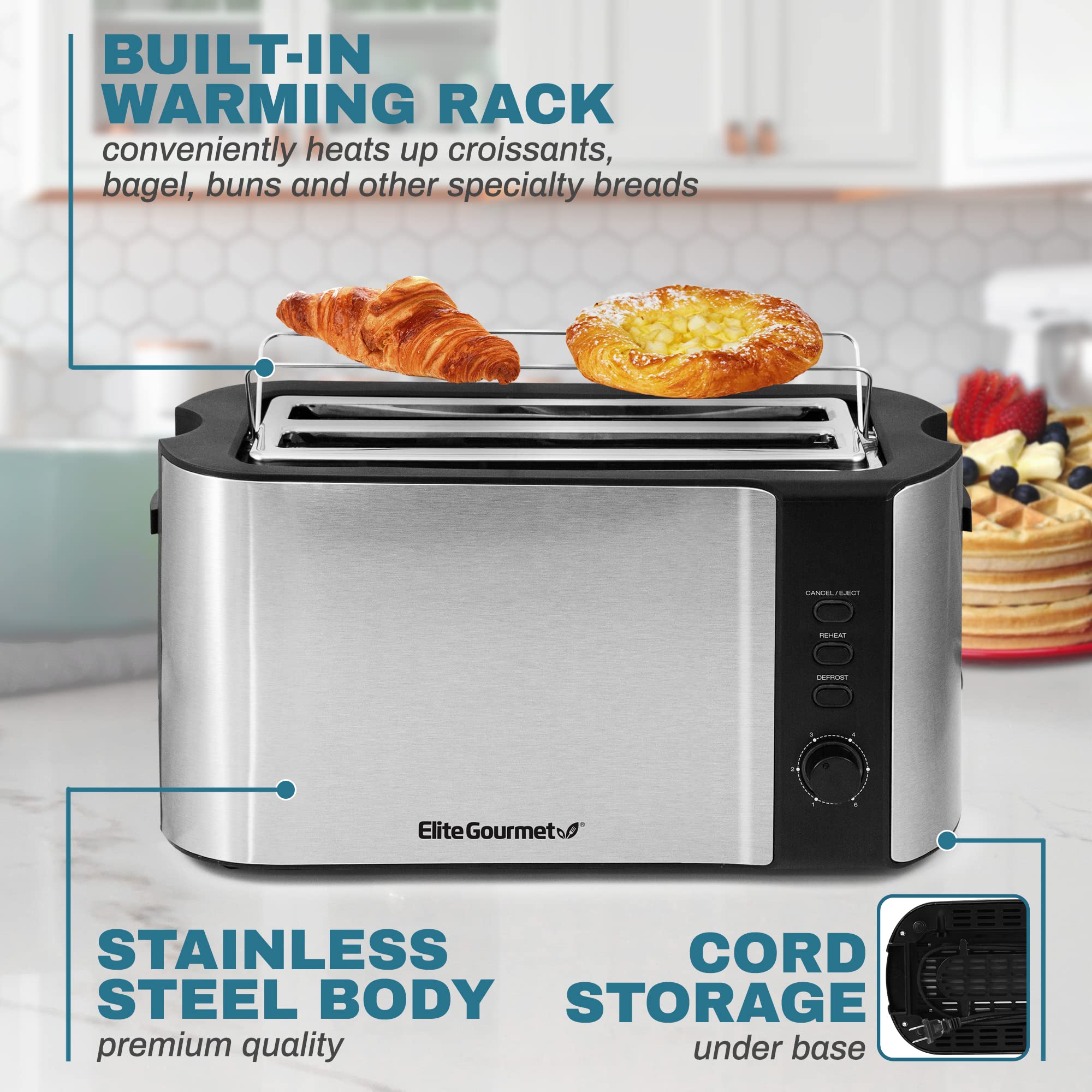 Elite Gourmet ECT1027B - Tostadora Cool Touch con 6 ajustes de temperatura y ranuras extra anchas de 1.25 pulgadas para bagels, gofres, panes especiales, hojaldre, aperitivos, certificado ETL, 2 | 6 niveles de dorado, se adapta a bagels y pan grueso, func
