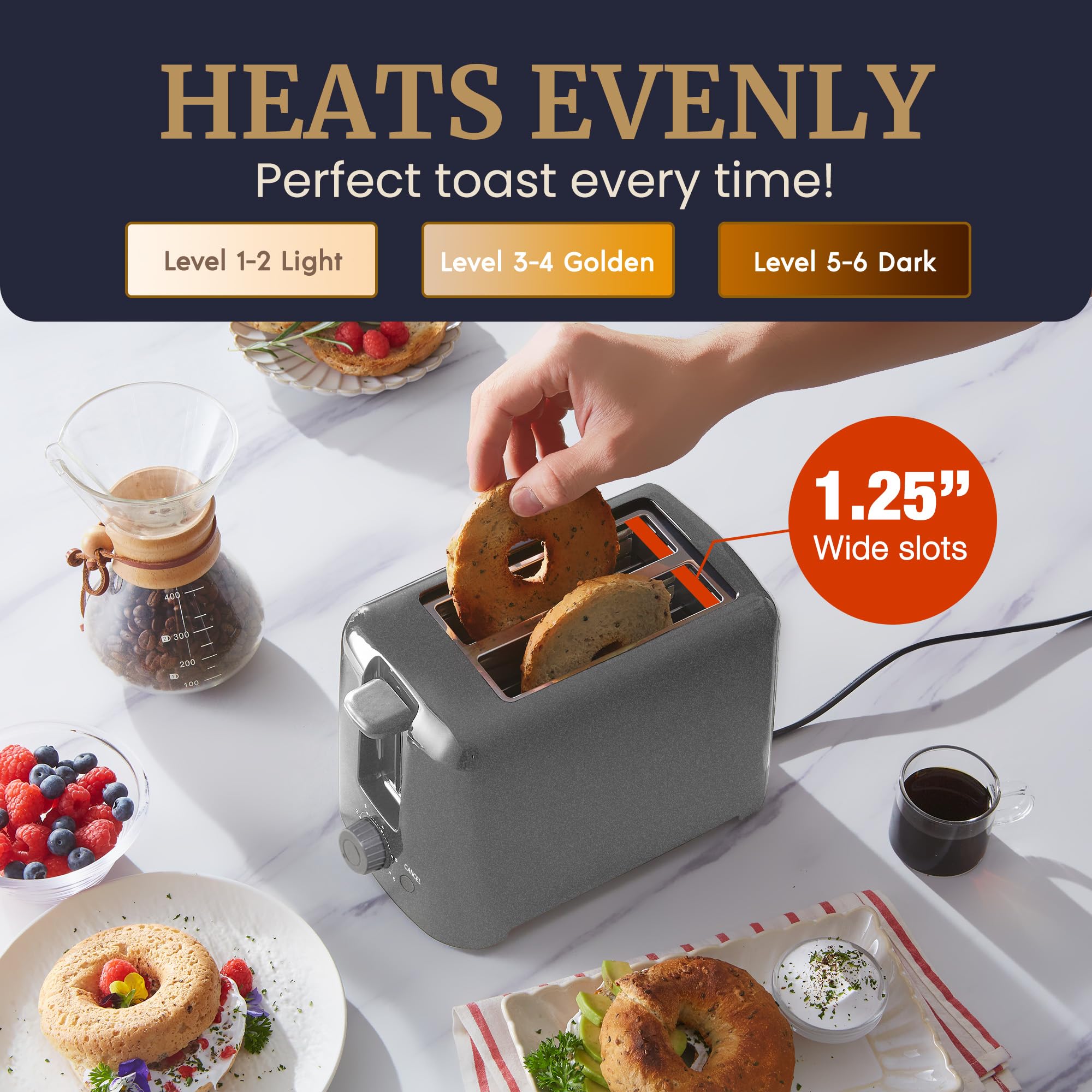 Elite Gourmet ECT1027B - Tostadora Cool Touch con 6 ajustes de temperatura y ranuras extra anchas de 1.25 pulgadas para bagels, gofres, panes especiales, hojaldre, aperitivos, certificado ETL, 2 | 6 niveles de dorado, se adapta a bagels y pan grueso, func