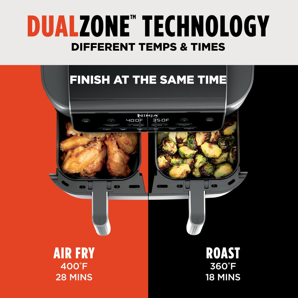 Ninja DZ201 Foodi 8 Quart 6-in-1 DualZone 2-Basket Air Fryer with 2 Independent Frying Baskets, Match Cook & Smart Finish to Roast, Broil, Dehydrate & More for Quick, Easy Meals, Grey | Air fry, roast, broil, bake, reheat, dehydrate, 2 independent baskets