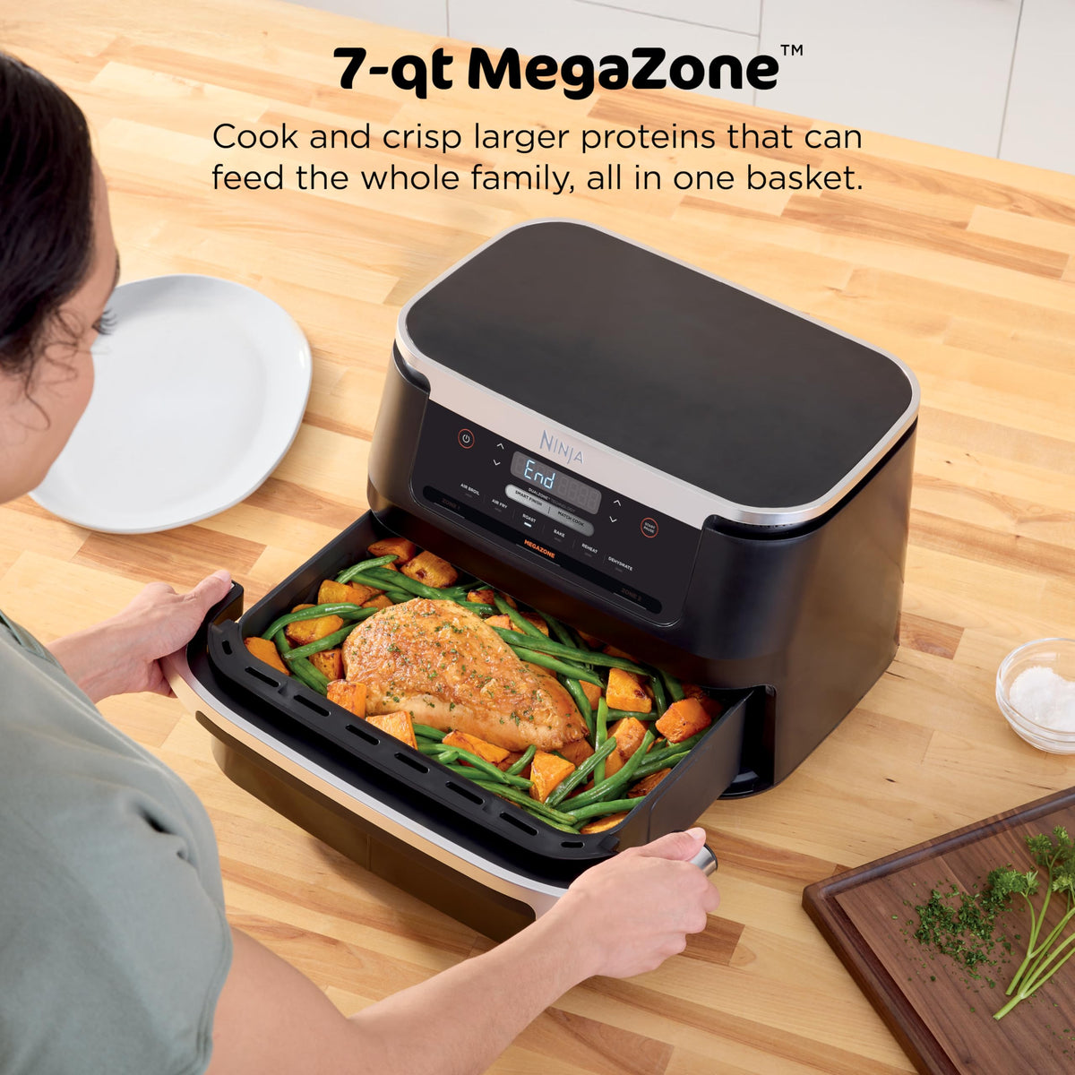 Ninja DZ201 Foodi 8 Quart 6-in-1 DualZone 2-Basket Air Fryer with 2 Independent Frying Baskets, Match Cook & Smart Finish to Roast, Broil, Dehydrate & More for Quick, Easy Meals, Grey | Air fry, roast, broil, bake, reheat, dehydrate, 2 independent baskets