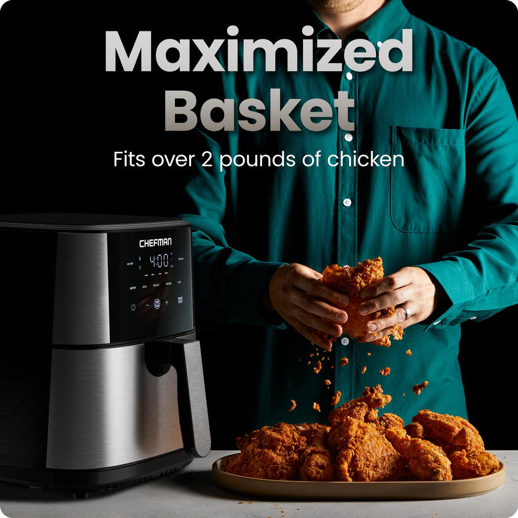 Chefman Air Fryer 8 Qt | TurboFry® 4-in-1 with 450°F Hi-Fry Option for Crispier Results | Bake, Dehydrate, Frozen | XL Nonstick Dishwasher-Safe Basket | Stainless Steel