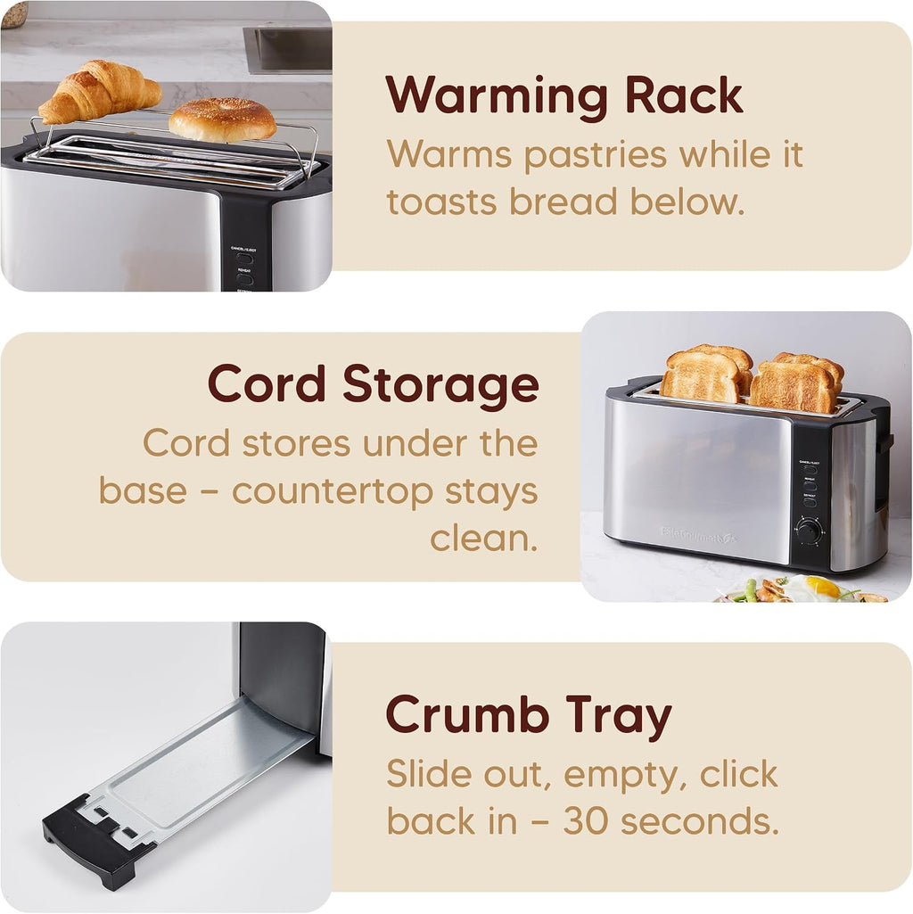 Elite Gourmet | Extra-Wide Slots Fit Bagels, Sourdough & Texas Toast, 6 Browning Settings, Reheat, Defrost & Cancel, Built-In Warming Rack