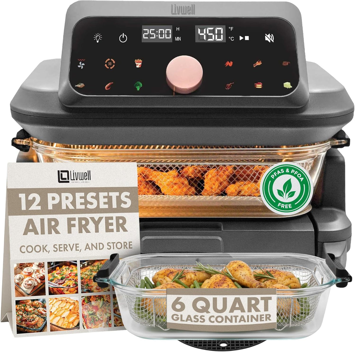 LIVWELL Smart Touch 6-Quart Glass Air Fryer with LED Touch Screen & Drawer | Pull-Out Drawer, 12 Presets, Dishwasher-Safe Casserole, Silicone Handles & Trivet Included, Easy Cleaning, PFOA & PFAS-Free