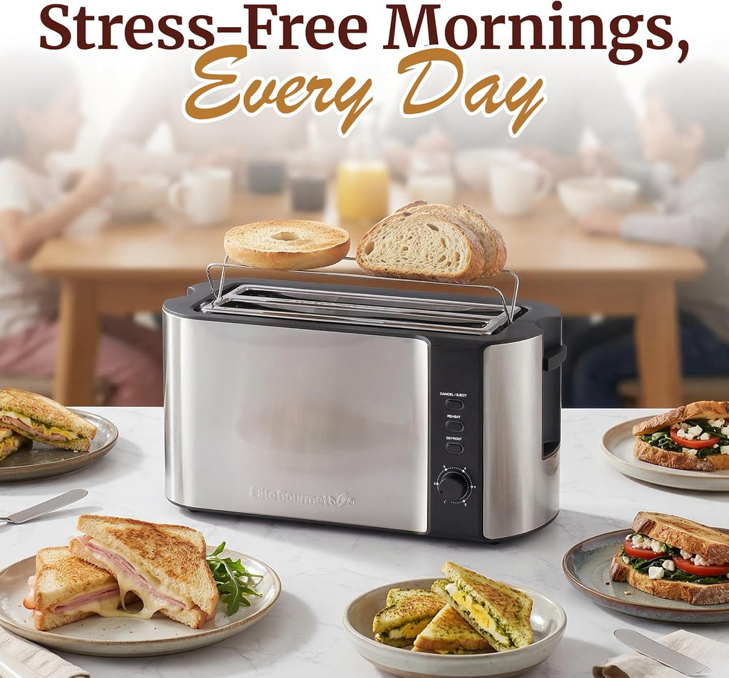 Elite Gourmet | Extra-Wide Slots Fit Bagels, Sourdough & Texas Toast, 6 Browning Settings, Reheat, Defrost & Cancel, Built-In Warming Rack