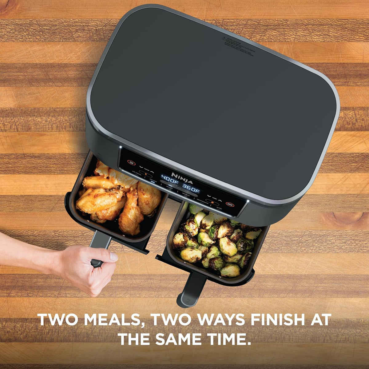 Ninja DZ201 Foodi 8 Quart 6-in-1 DualZone 2-Basket Air Fryer with 2 Independent Frying Baskets, Match Cook & Smart Finish to Roast, Broil, Dehydrate & More for Quick, Easy Meals, Grey | Air fry, roast, broil, bake, reheat, dehydrate, 2 independent baskets