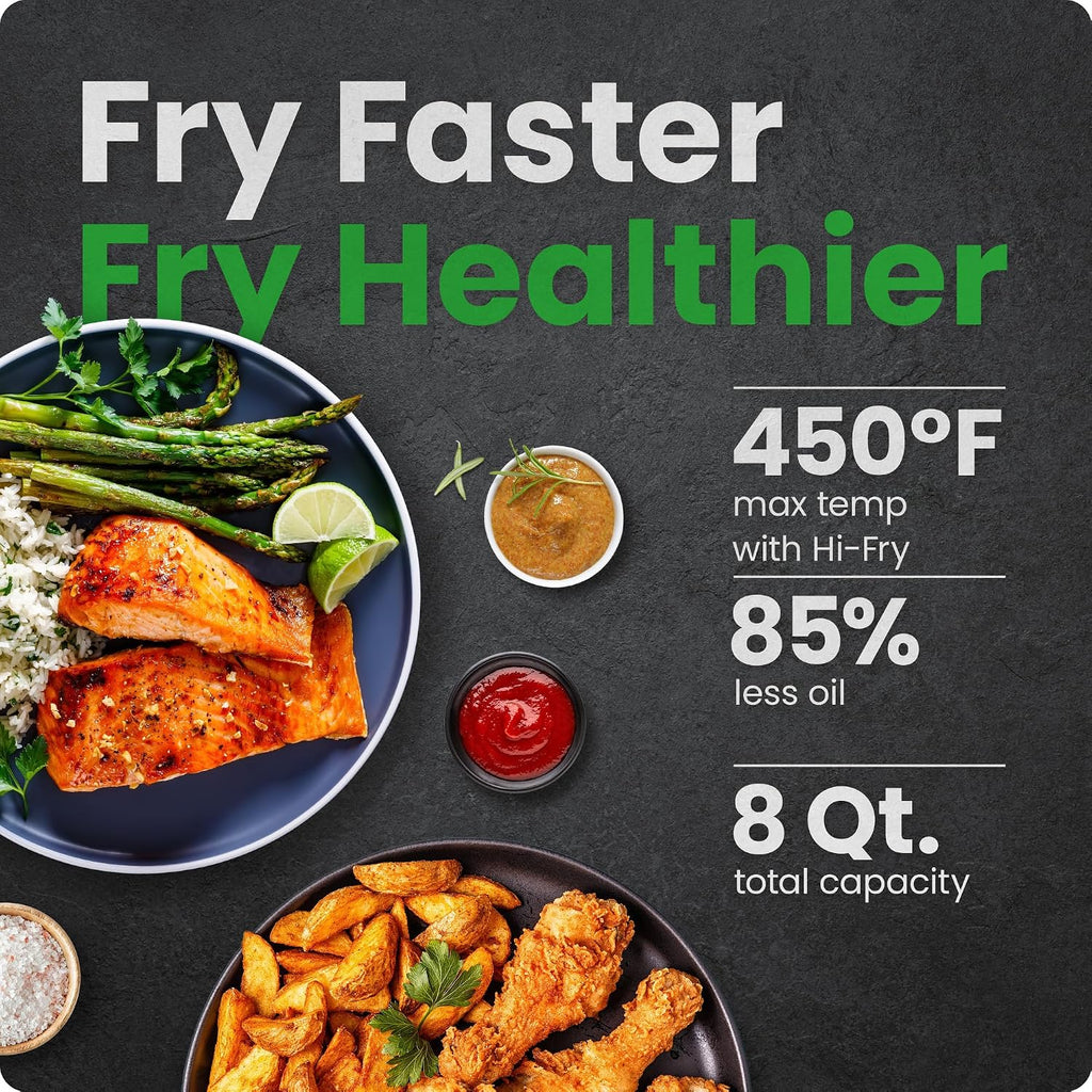 Chefman Air Fryer 8 Qt | TurboFry® 4-in-1 with 450°F Hi-Fry Option for Crispier Results | Bake, Dehydrate, Frozen | XL Nonstick Dishwasher-Safe Basket | Stainless Steel